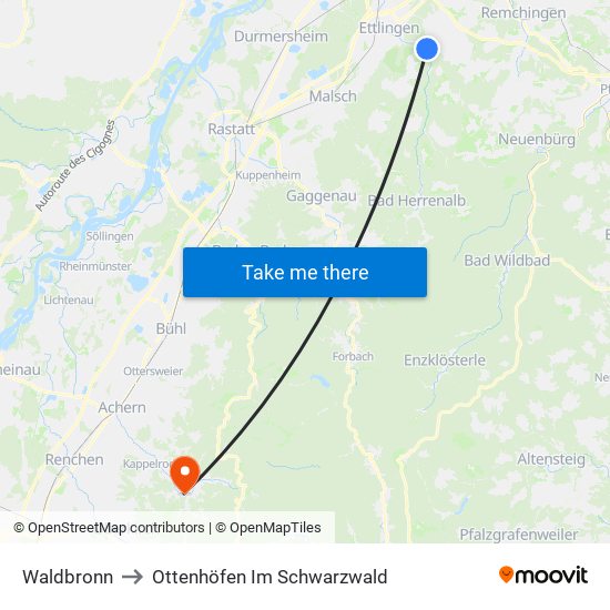 Waldbronn to Ottenhöfen Im Schwarzwald map