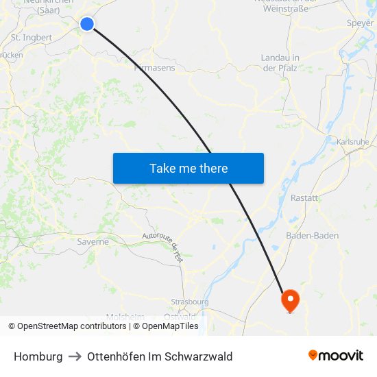 Homburg to Ottenhöfen Im Schwarzwald map