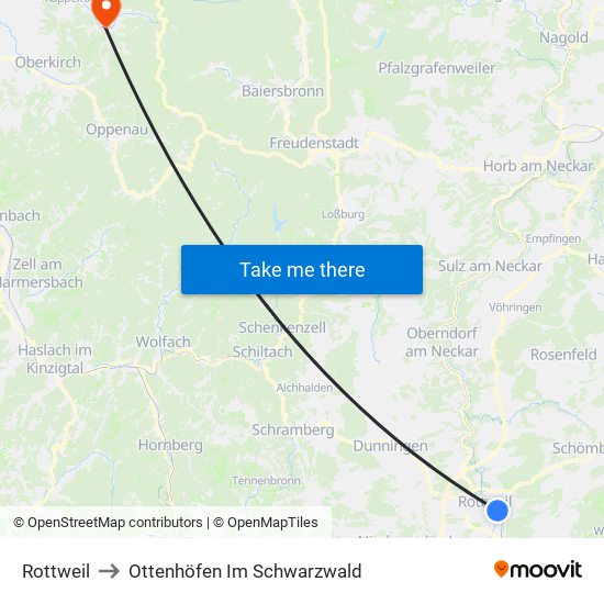 Rottweil to Ottenhöfen Im Schwarzwald map