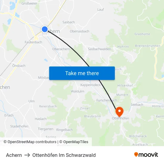 Achern to Ottenhöfen Im Schwarzwald map