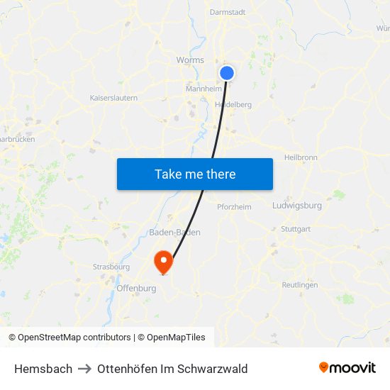 Hemsbach to Ottenhöfen Im Schwarzwald map