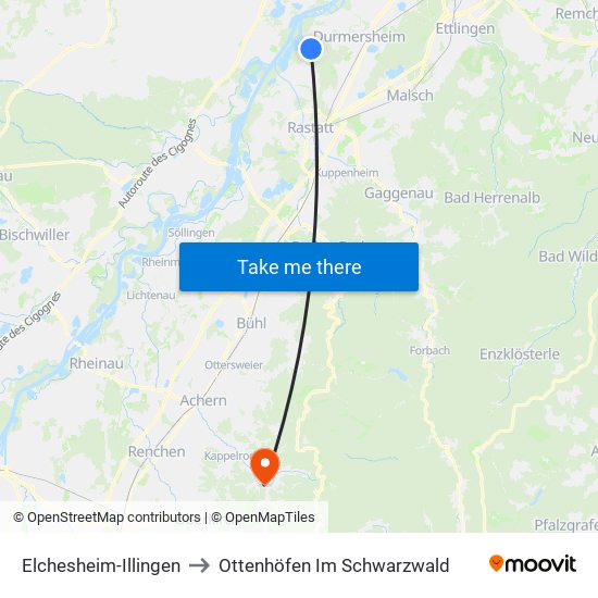 Elchesheim-Illingen to Ottenhöfen Im Schwarzwald map