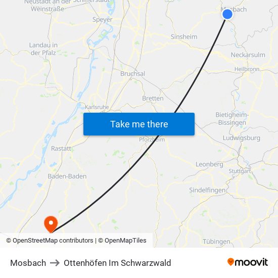 Mosbach to Ottenhöfen Im Schwarzwald map