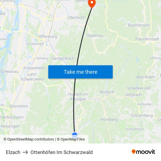 Elzach to Ottenhöfen Im Schwarzwald map