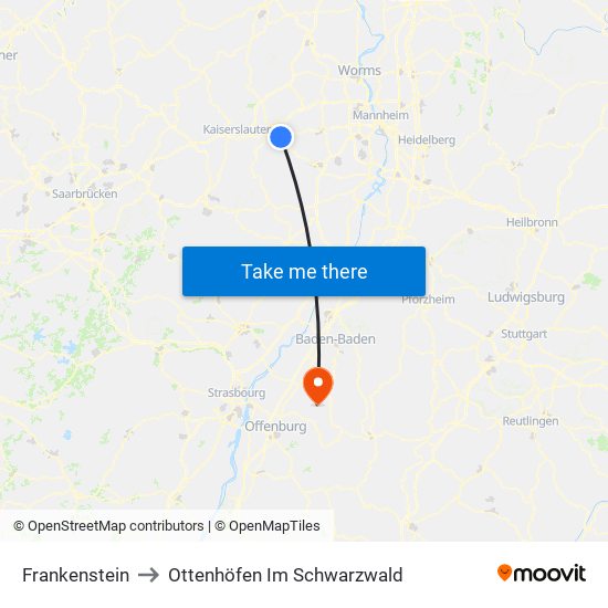 Frankenstein to Ottenhöfen Im Schwarzwald map