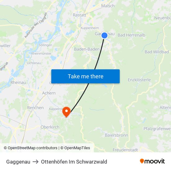 Gaggenau to Ottenhöfen Im Schwarzwald map