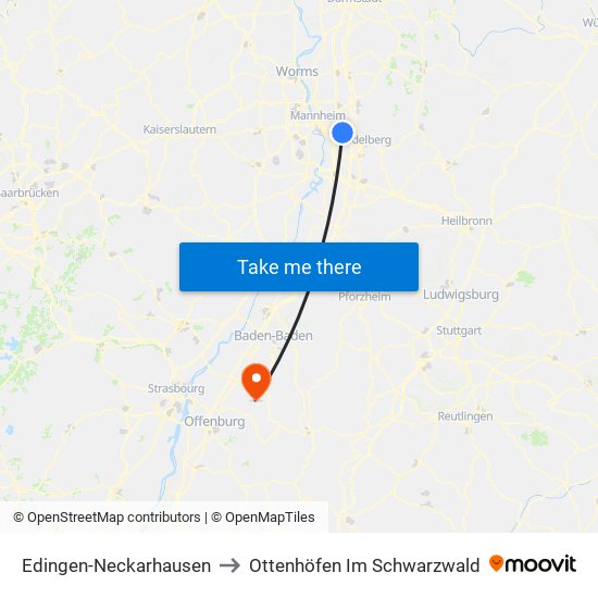 Edingen-Neckarhausen to Ottenhöfen Im Schwarzwald map