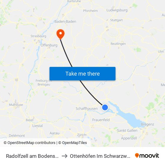 Radolfzell am Bodensee to Ottenhöfen Im Schwarzwald map