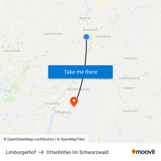 Limburgerhof to Ottenhöfen Im Schwarzwald map