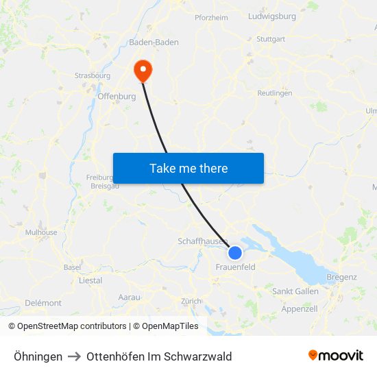 Öhningen to Ottenhöfen Im Schwarzwald map