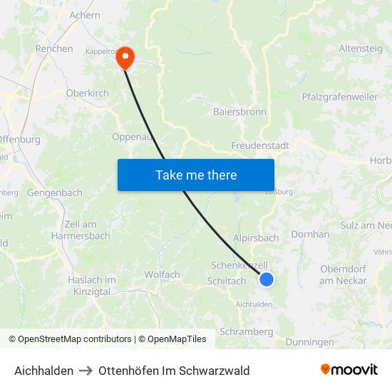 Aichhalden to Ottenhöfen Im Schwarzwald map