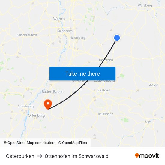 Osterburken to Ottenhöfen Im Schwarzwald map