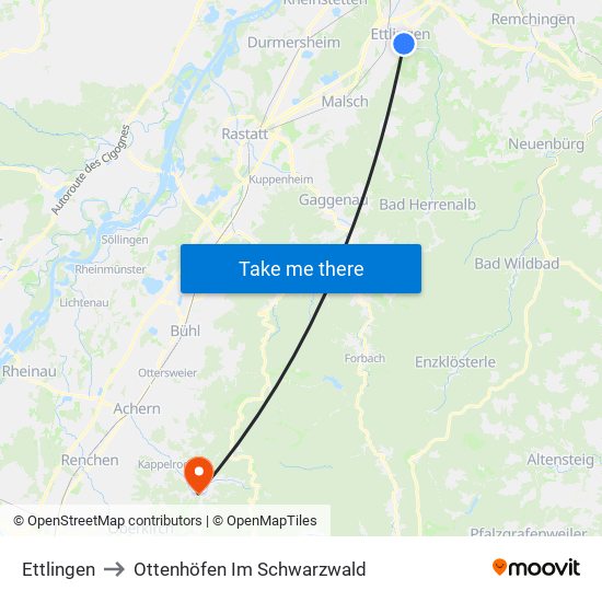 Ettlingen to Ottenhöfen Im Schwarzwald map