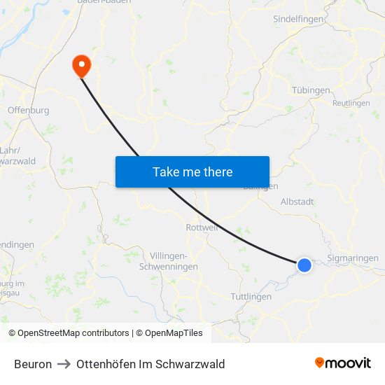 Beuron to Ottenhöfen Im Schwarzwald map