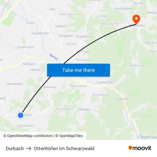 Durbach to Ottenhöfen Im Schwarzwald map