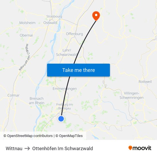 Wittnau to Ottenhöfen Im Schwarzwald map