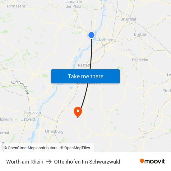 Wörth am Rhein to Ottenhöfen Im Schwarzwald map