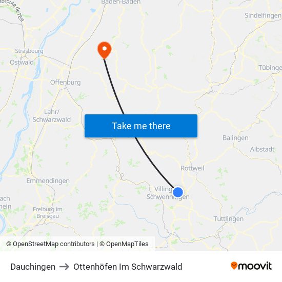 Dauchingen to Ottenhöfen Im Schwarzwald map