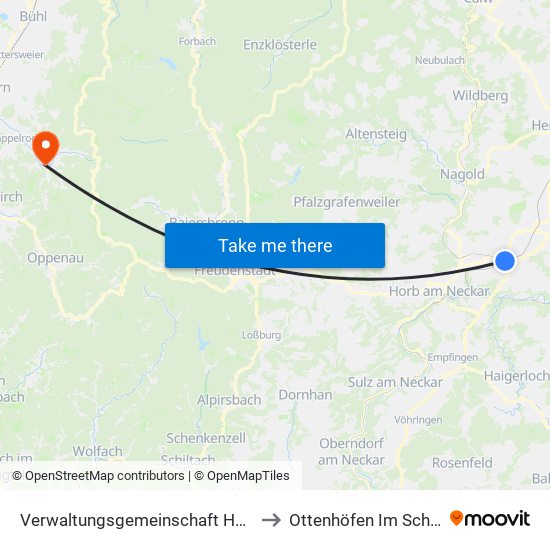 Verwaltungsgemeinschaft Horb am Neckar to Ottenhöfen Im Schwarzwald map