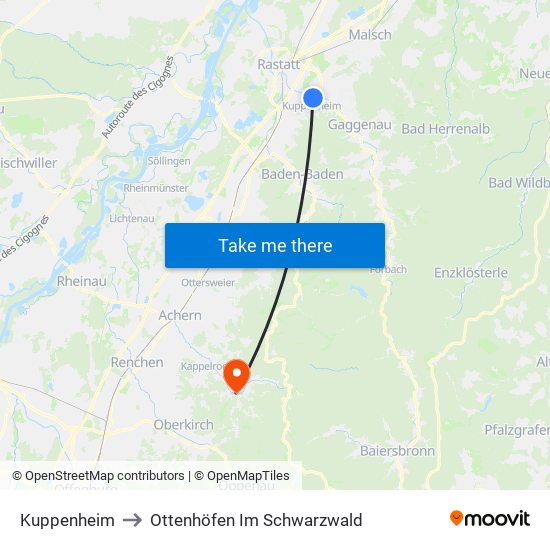 Kuppenheim to Ottenhöfen Im Schwarzwald map