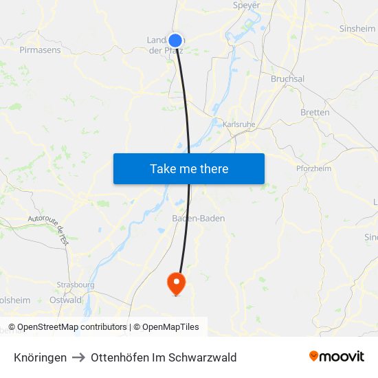 Knöringen to Ottenhöfen Im Schwarzwald map