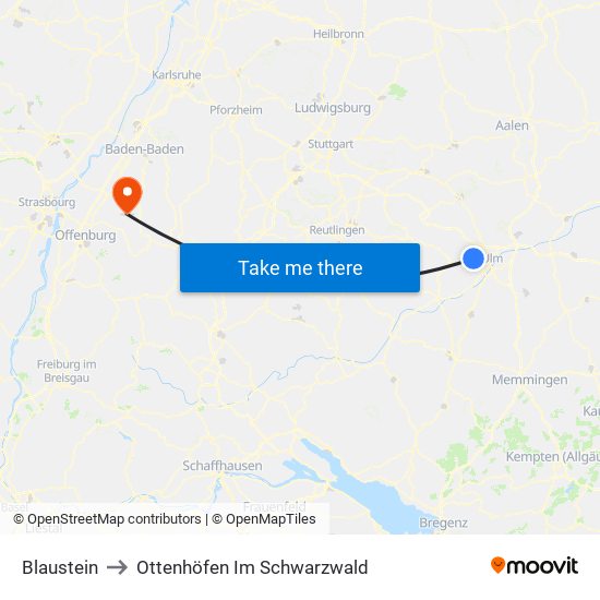 Blaustein to Ottenhöfen Im Schwarzwald map