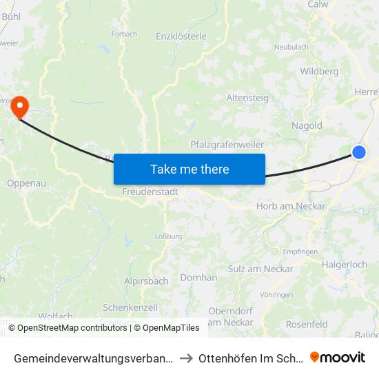 Gemeindeverwaltungsverband Oberes Gäu to Ottenhöfen Im Schwarzwald map