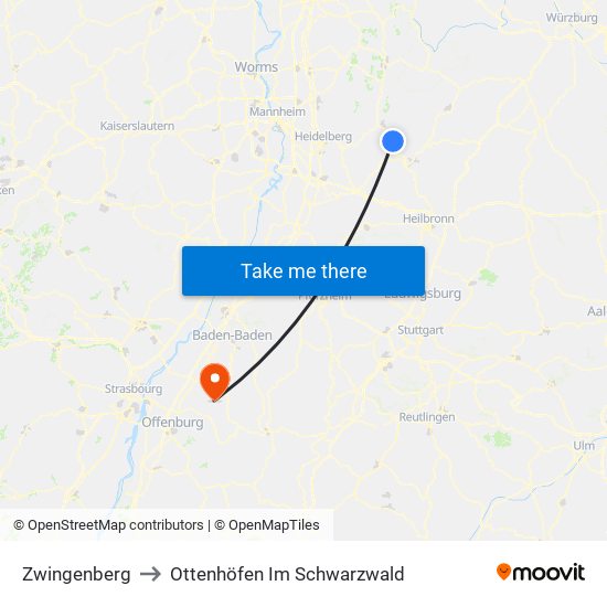 Zwingenberg to Ottenhöfen Im Schwarzwald map