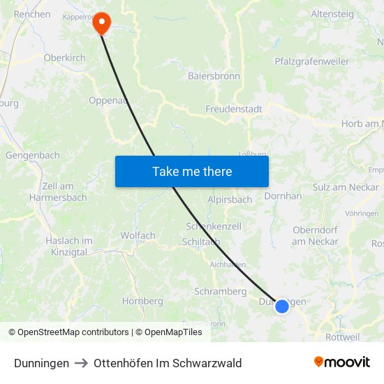 Dunningen to Ottenhöfen Im Schwarzwald map