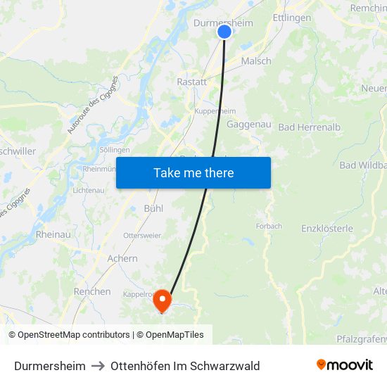 Durmersheim to Ottenhöfen Im Schwarzwald map