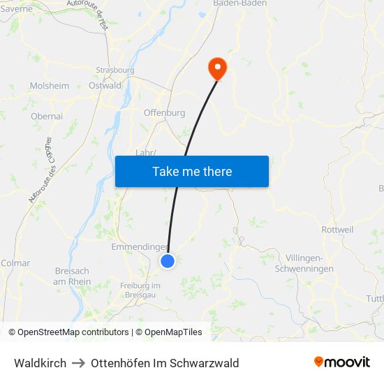 Waldkirch to Ottenhöfen Im Schwarzwald map