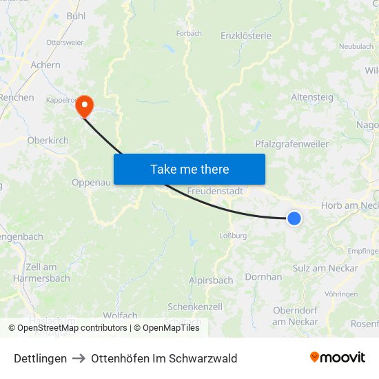 Dettlingen to Ottenhöfen Im Schwarzwald map