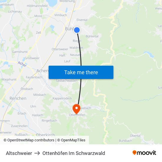 Altschweier to Ottenhöfen Im Schwarzwald map