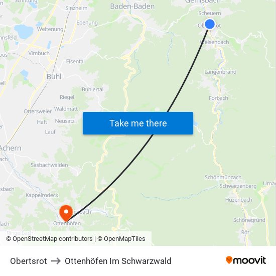 Obertsrot to Ottenhöfen Im Schwarzwald map