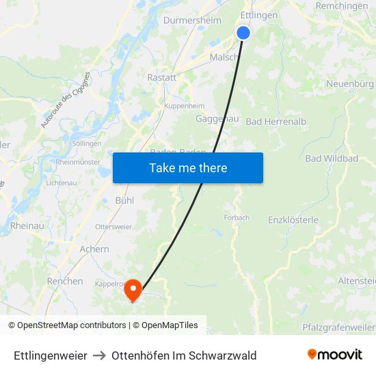 Ettlingenweier to Ottenhöfen Im Schwarzwald map