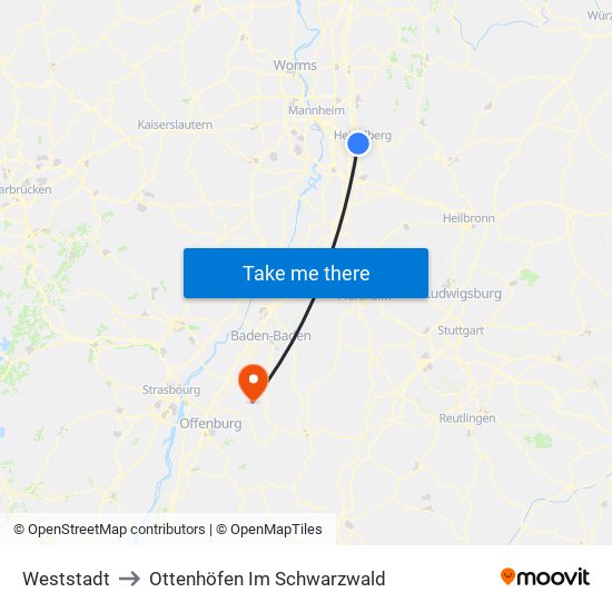 Weststadt to Ottenhöfen Im Schwarzwald map