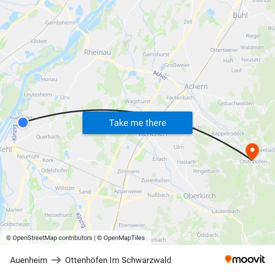 Auenheim to Ottenhöfen Im Schwarzwald map