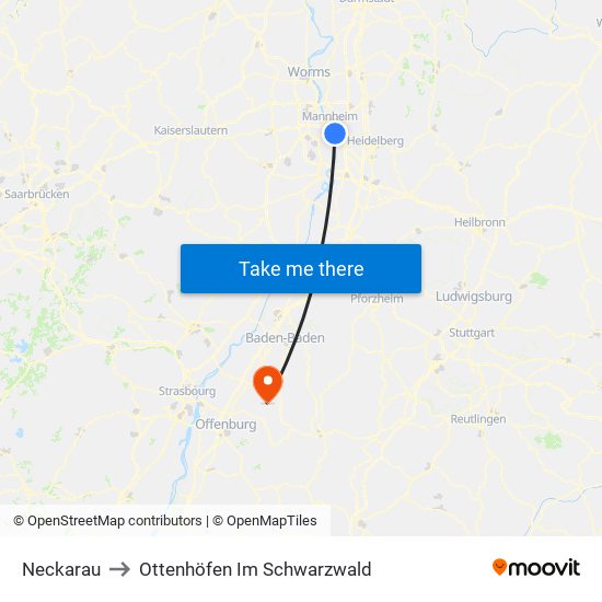 Neckarau to Ottenhöfen Im Schwarzwald map