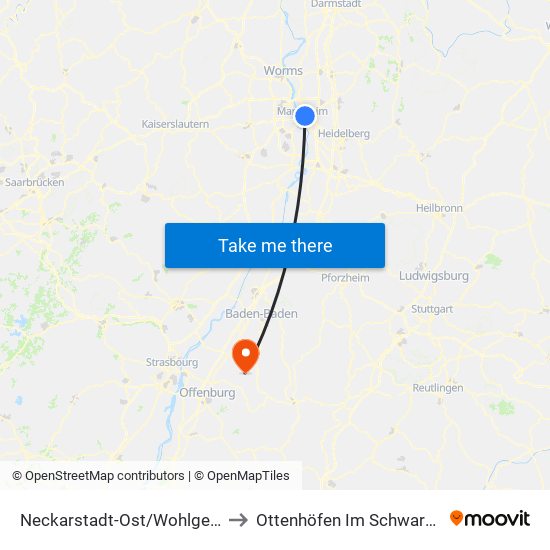 Neckarstadt-Ost/Wohlgelegen to Ottenhöfen Im Schwarzwald map