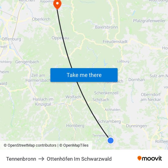 Tennenbronn to Ottenhöfen Im Schwarzwald map