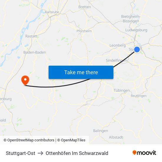 Stuttgart-Ost to Ottenhöfen Im Schwarzwald map