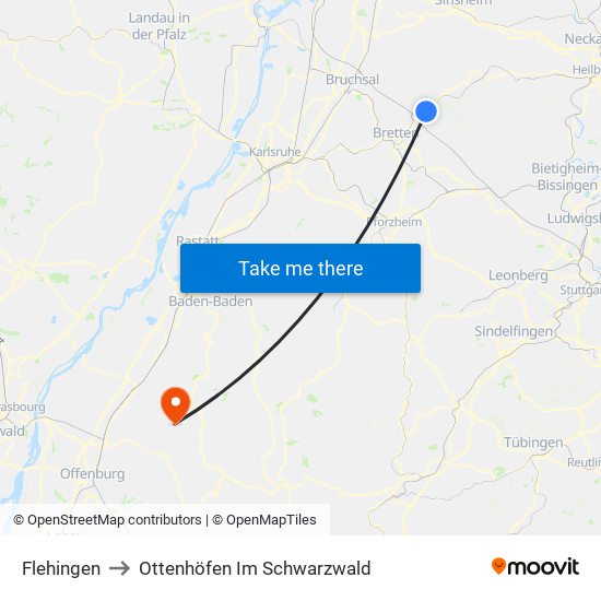 Flehingen to Ottenhöfen Im Schwarzwald map