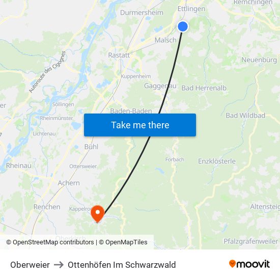 Oberweier to Ottenhöfen Im Schwarzwald map