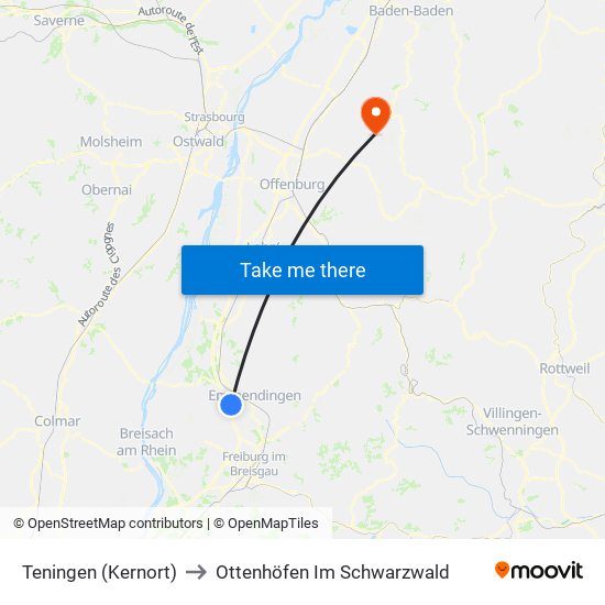 Teningen (Kernort) to Ottenhöfen Im Schwarzwald map