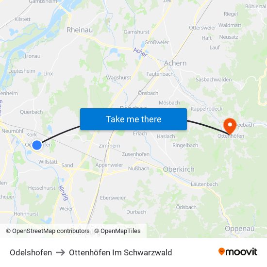 Odelshofen to Ottenhöfen Im Schwarzwald map