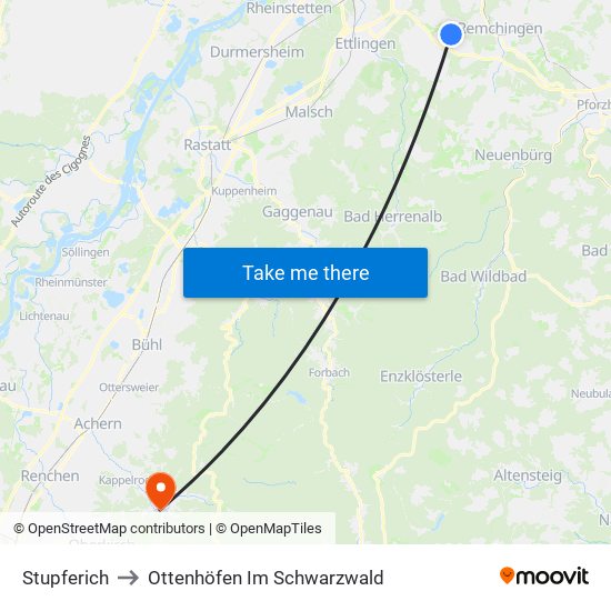 Stupferich to Ottenhöfen Im Schwarzwald map