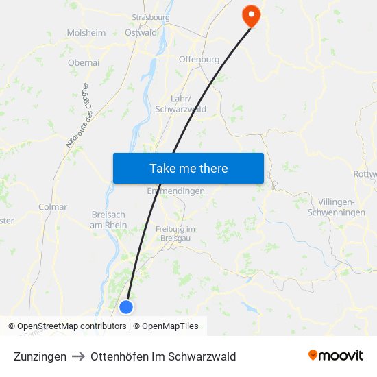 Zunzingen to Ottenhöfen Im Schwarzwald map