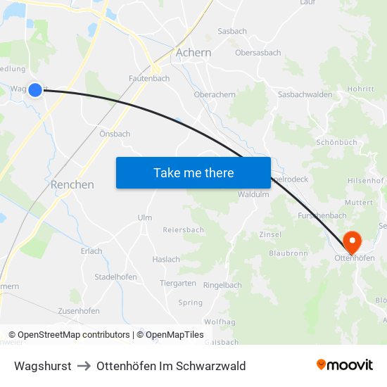 Wagshurst to Ottenhöfen Im Schwarzwald map