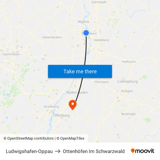 Ludwigshafen-Oppau to Ottenhöfen Im Schwarzwald map
