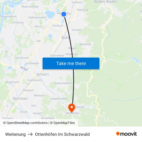 Weitenung to Ottenhöfen Im Schwarzwald map